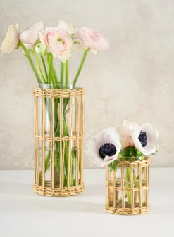 4.5in Tall Halong Cane Weaved Short Glass Cylinder, Set of 4