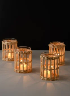 4.5in Tall Halong Cane Weaved Short Glass Cylinder, Set of 4