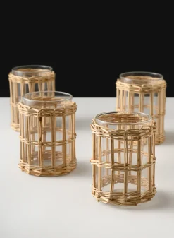 4.5in Tall Halong Cane Weaved Short Glass Cylinder, Set of 4
