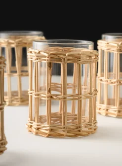 4.5in Tall Halong Cane Weaved Short Glass Cylinder, Set of 4