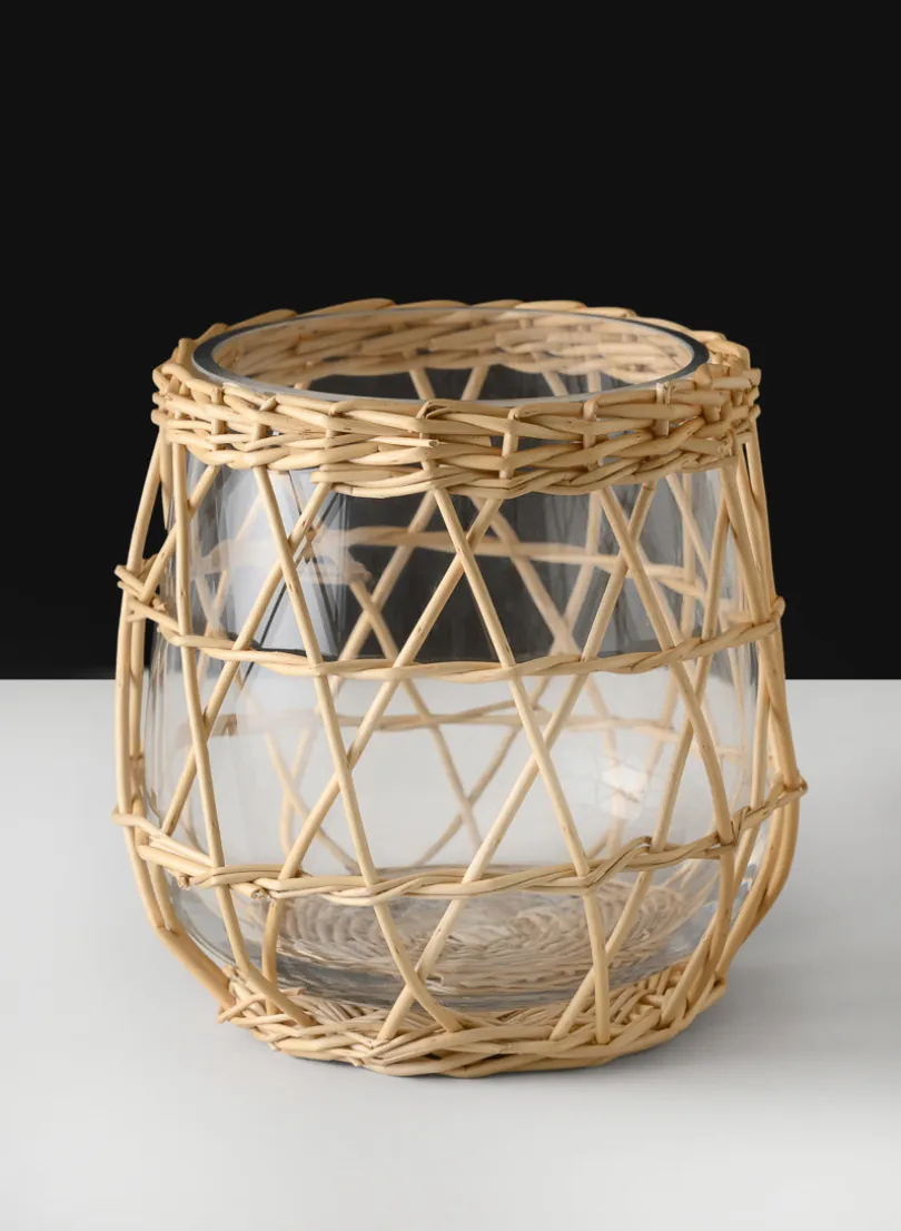 6in Tall Hanoi Market Wicker & Glass Holder