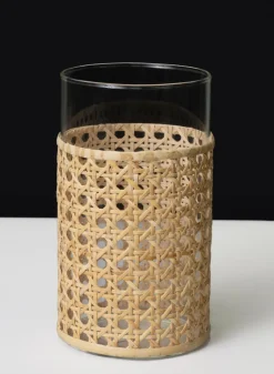 7in Tall Indochine Cane Weaved Glass Cylinder