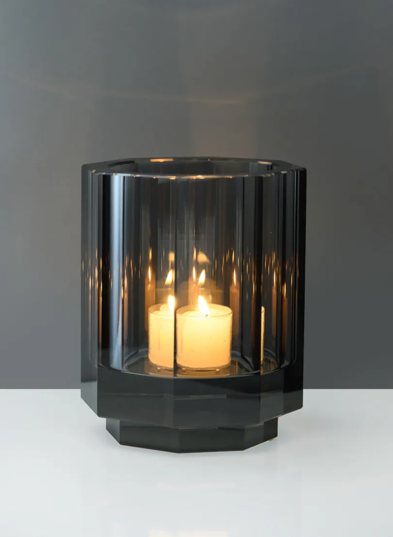 5in Tall Krustallos Luxe Smoke Gray Crystal Glass Candle Holder