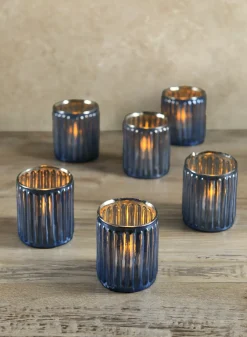 3in Tall La Fete en Antique Blue Glass Votive Holder, Set of 6