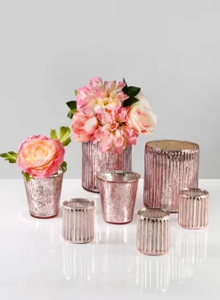 6in Tall La Fete en Rose Vintage Pink Ribbed Glass Cylinder