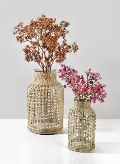 8in Tall Los Cabos Rattan Glass Vases, Set of 2