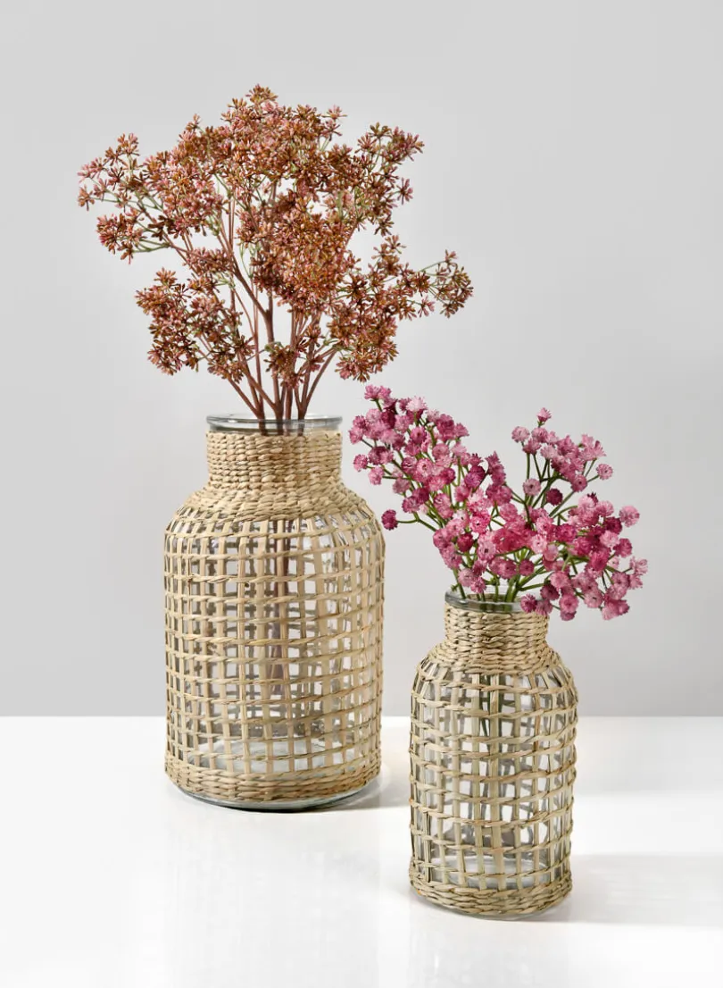8in Tall Los Cabos Rattan Glass Vases, Set of 2