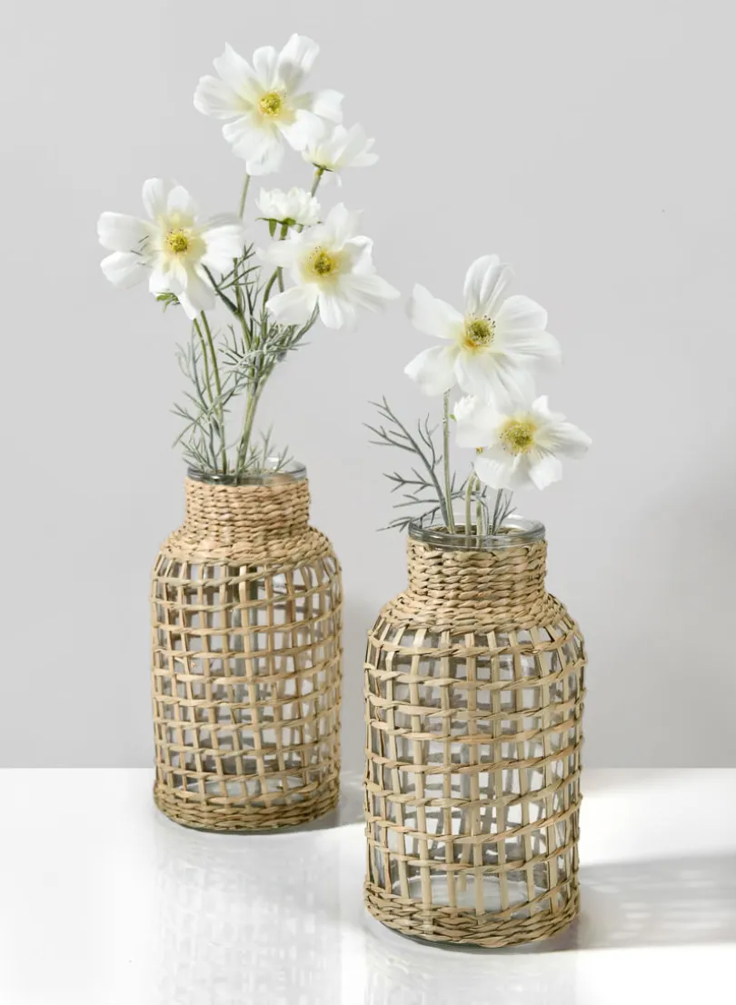 8in Tall Los Cabos Rattan Glass Vases, Set of 2