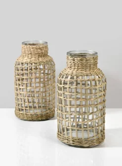 8in Tall Los Cabos Rattan Glass Vases, Set of 2