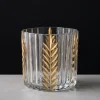 4in Tall Louvres Gold Leaf Etched Glass Candle Holder