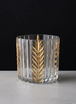 4in Tall Louvres Gold Leaf Etched Glass Candle Holder