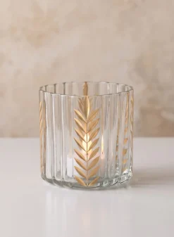 4in Tall Louvres Gold Leaf Etched Glass Candle Holder