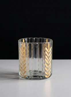 4in Tall Louvres Gold Leaf Etched Glass Candle Holder