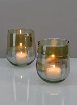 4.25in Tall Malaga Green Luster Glass Holder, Set of 2