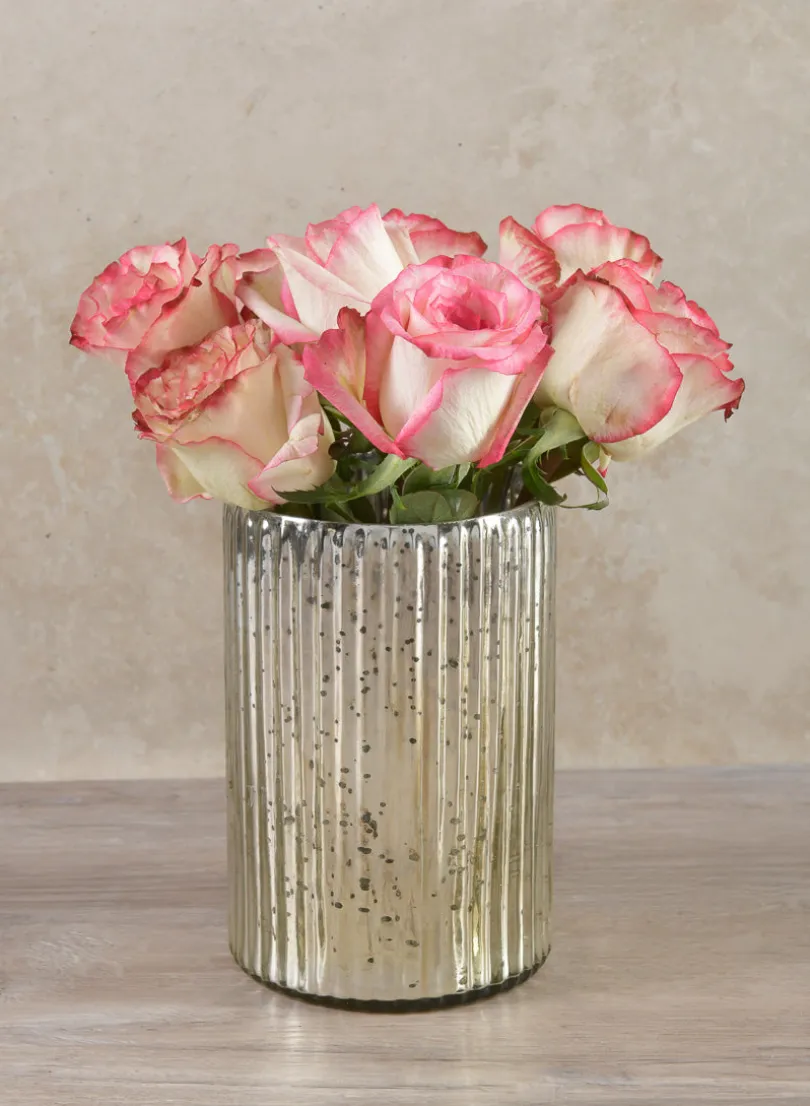 6in Tall Mewaar Old Silver Pleated Mercury Glass Vase