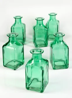 4.5in Tall Mexican Green Glass Square Bottle Bud Vase, Set of 6