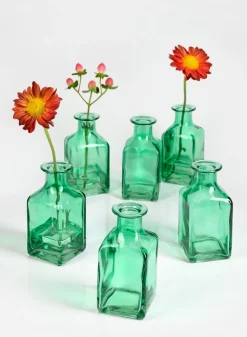 4.5in Tall Mexican Green Glass Square Bottle Bud Vase, Set of 6