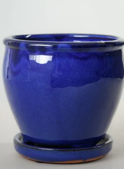 6in Tall Ming Blue Glaze Ceramic Pot with Saucer