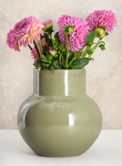 7in Tall Moss Green Glaze Ceramic Akaibara Vase