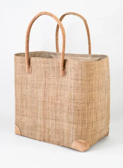 21.5in Tall Natural Raffia Bag With Leather Handles