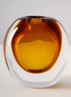 5.5in Tall Norvege Clear and Amber Glow Hand Blown Short Glass Vase