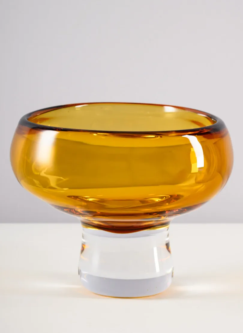 5in Tall Norvege Clear and Amber Glow Hand Blown Glass Bowl