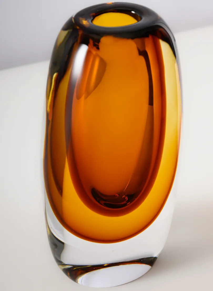8.5in Tall Norvege Clear and Amber Glow Hand Blown Glass Vase