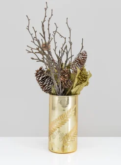 5.75in Tall Palm Etched Gold Mercury Glass Cylinder