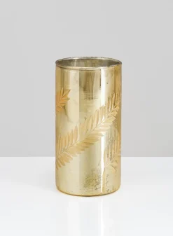 5.75in Tall Palm Etched Gold Mercury Glass Cylinder