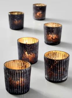 2.5in Tall Platinum Grey Ribbed Glass Votive Holder, Set of 6