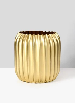 7in Tall Pleated Gold Metal Vase