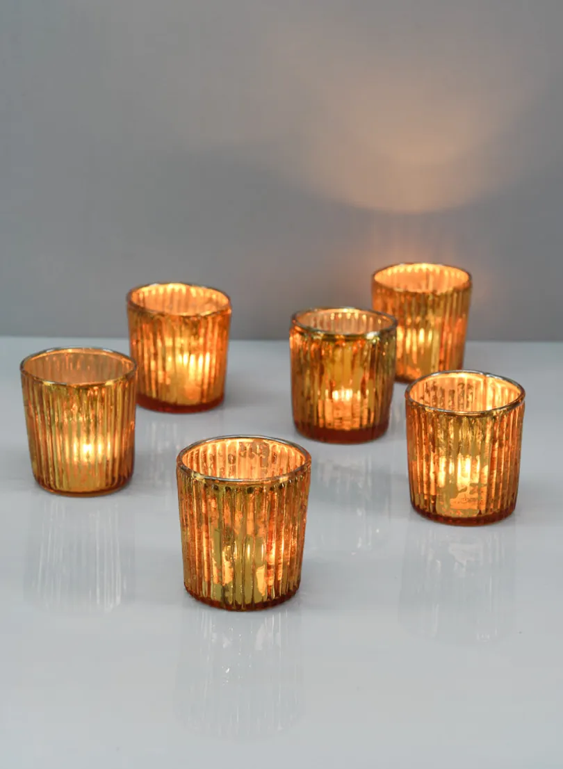 2.5in Tall Ribbed Antique Copper Glass Votives, Set of 6