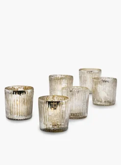 2.5in Tall Ribbed Antique Silver Votive Glass Holder, Set of 6