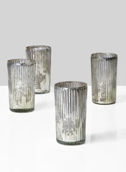 5in Tall Ribbed Antique Silver Glass Votive Holder, Set of 4