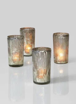 5in Tall Ribbed Antique Silver Glass Votive Holder, Set of 4