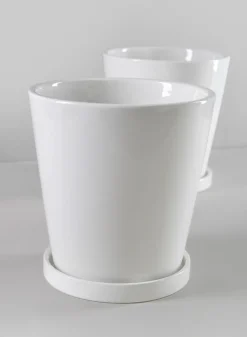 7in Tall Rouen White Ceramic Pot with Saucer, Set of 2