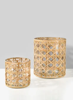 7in Tall Saigon Cane Wrapped Glass Candle Hurricane