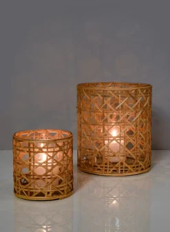 7in Tall Saigon Cane Wrapped Glass Candle Hurricane