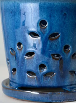 7in Tall Santorini Blue Orchid Ceramic Pot with Saucer