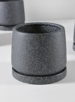 4in Tall Sigtura Sand Black Indoor Ceramic Pot with Saucer, Set of 4