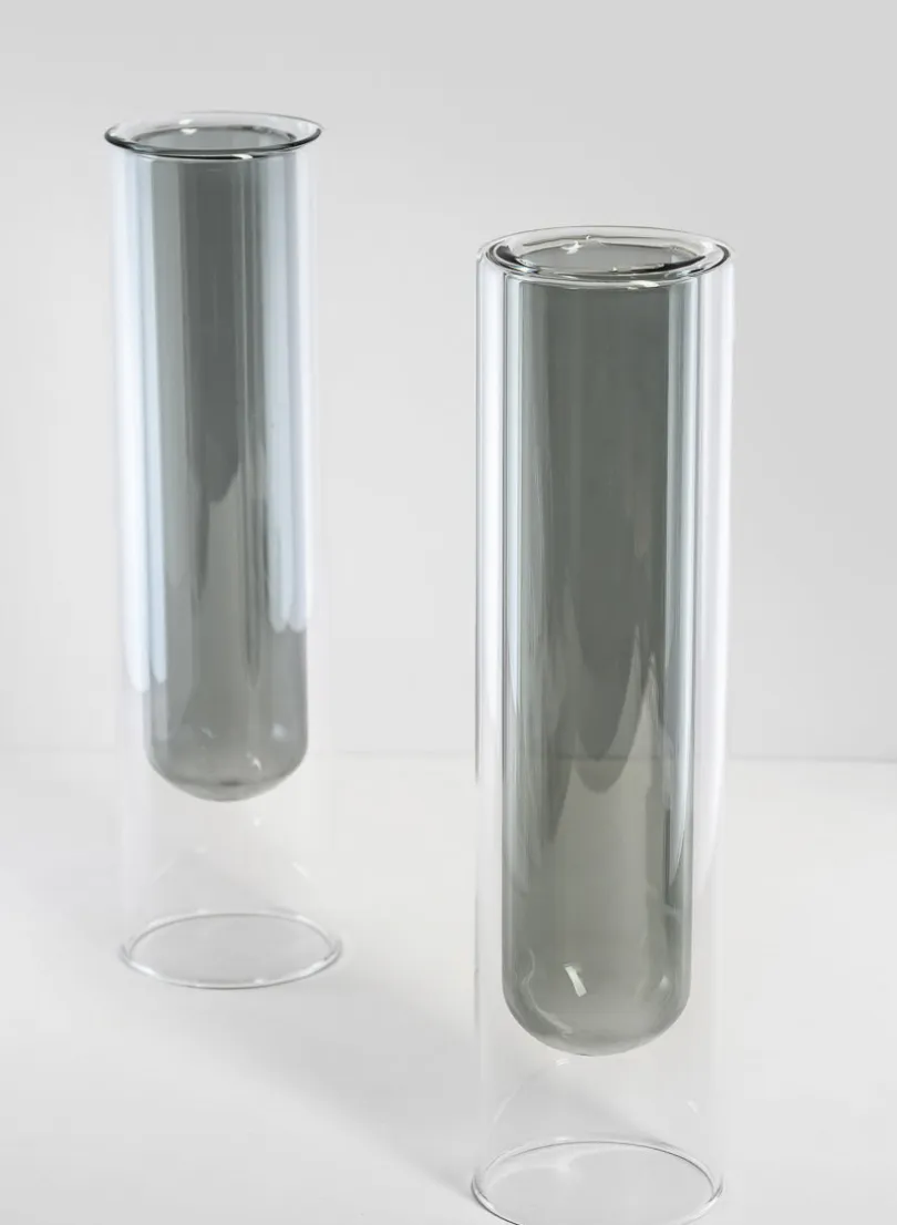 9.5in Tall Smoke Pasteur Dual Tone Tube Glass Vase, Set of 2