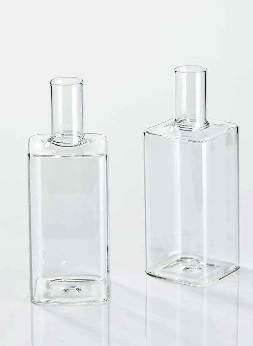 6in Tall Square Bottle Bud Glass Vase, Set of 2