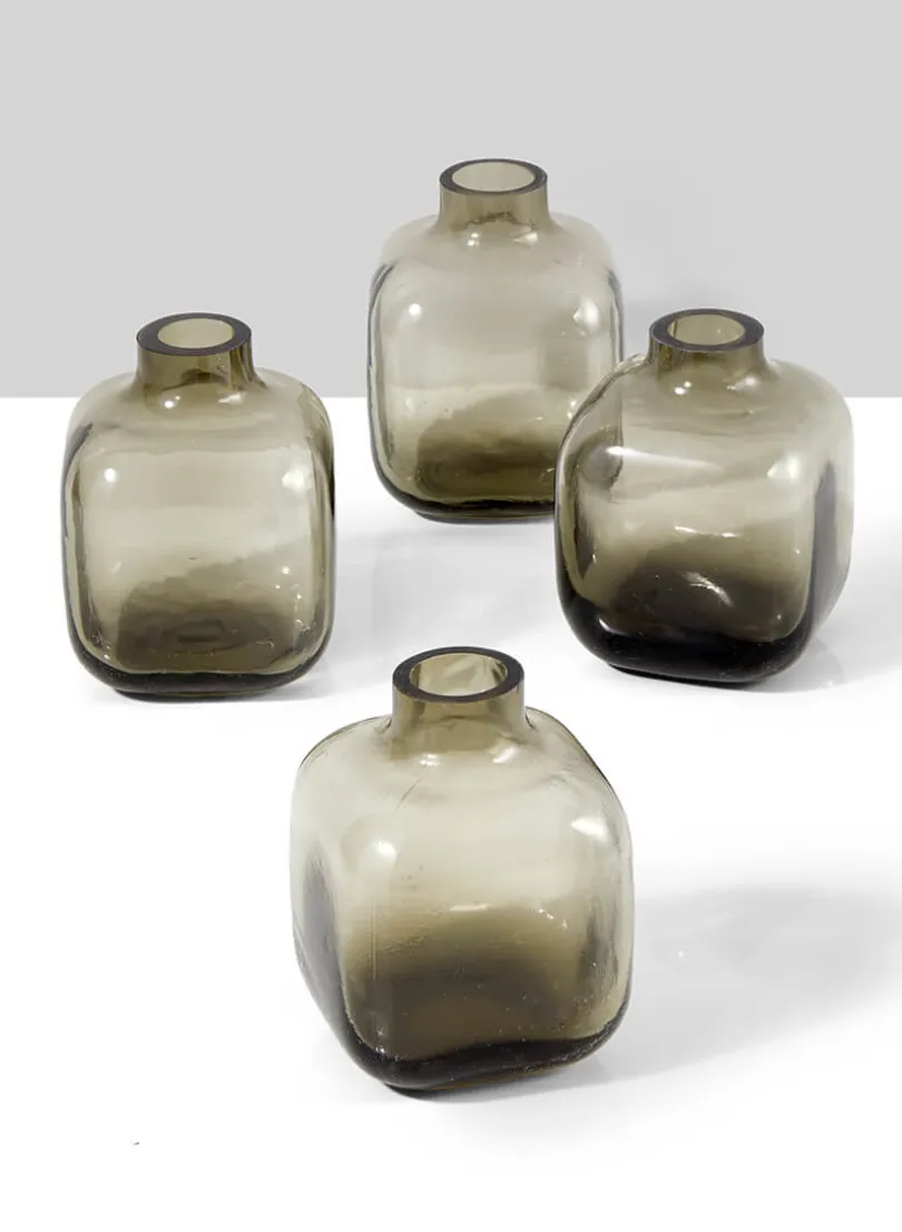 3in Tall Square Smoke Glass Bud Vase, Small, Set of 4