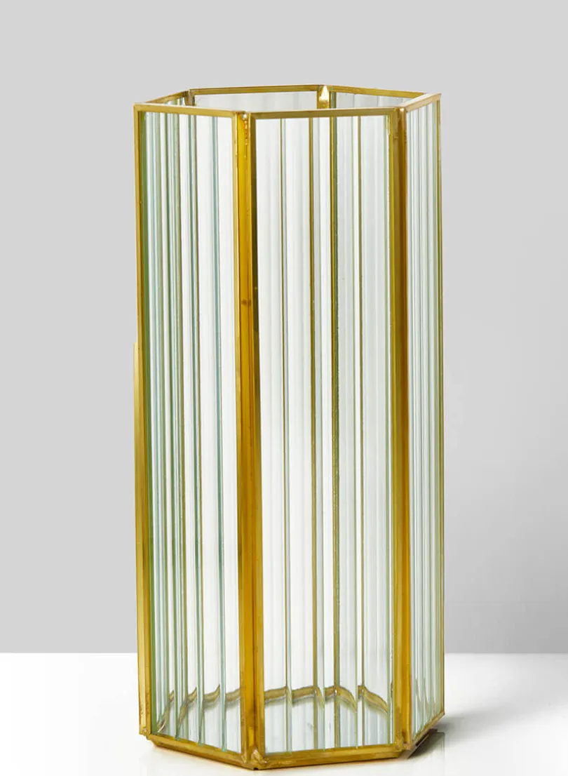 8.75in Tall Striped Glass Gold Hexagon Hurricane