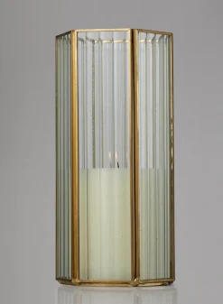 8.75in Tall Striped Glass Gold Hexagon Hurricane