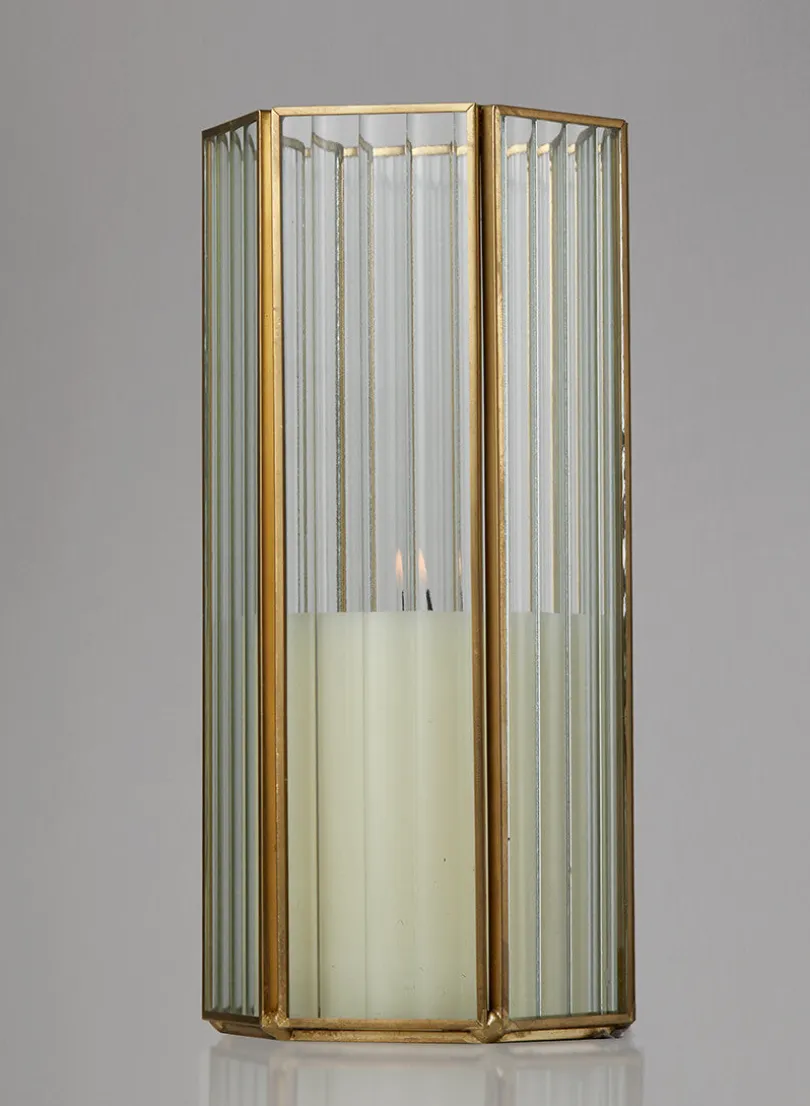 8.75in Tall Striped Glass Gold Hexagon Hurricane