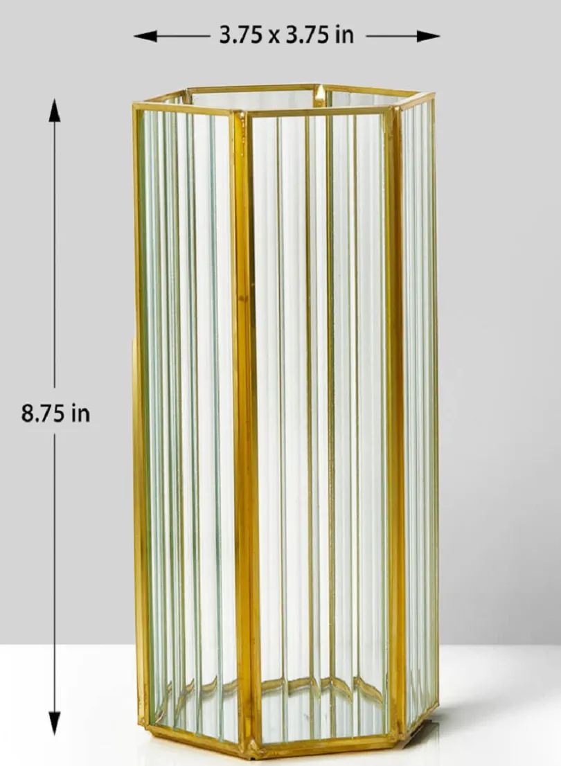 8.75in Tall Striped Glass Gold Hexagon Hurricane