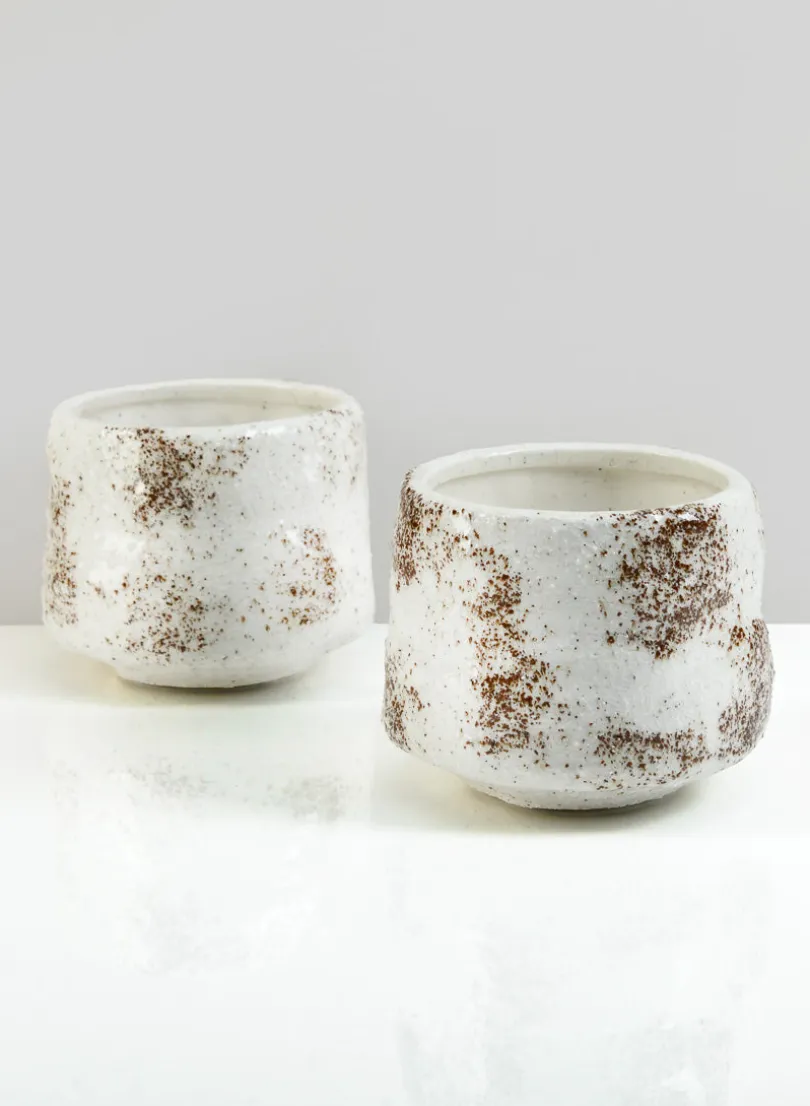 3.75in Tall Taino White Ceramic Glazed Pot, Set of 2