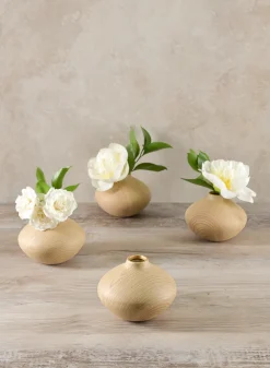 4in Tall Tsubaki Natural Wood Look Ceramic Bud Vase, Set of 4