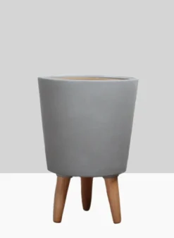 14.5in Tall Vaso Grey Ceramic Pot With Wood Legs